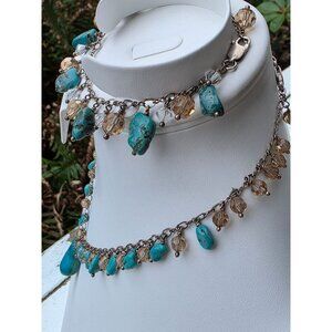 925 Sterling Silver Turquoise & Swarovski Crystal Necklace Bracelet‎ Set